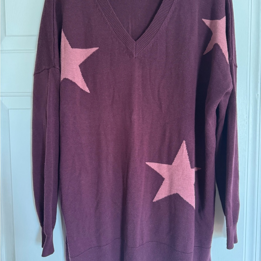 Laurie Felt V-Neck Sweater - Burgundy with Pink Stars Cashmere Blend
